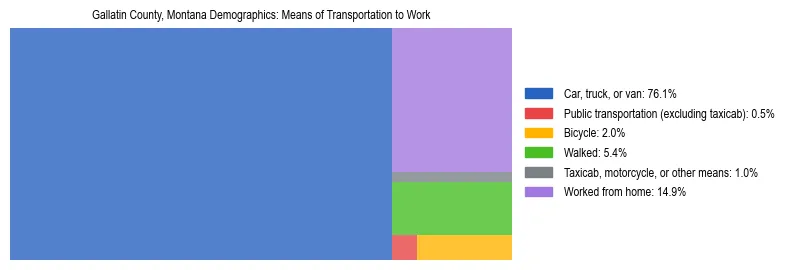 Treemap showing means of transportation to work distribution in Gallatin County, Montana.