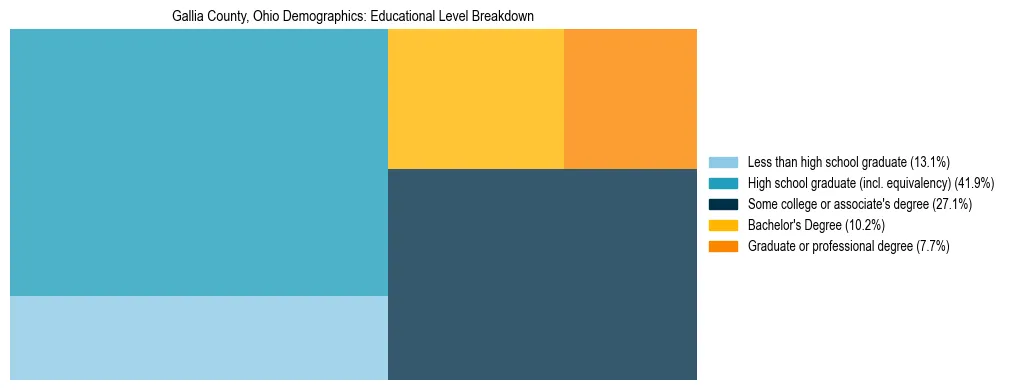 Treemap chart illustrating the educational attainment breakdown for population 25 years and over in Gallia County, Ohio.