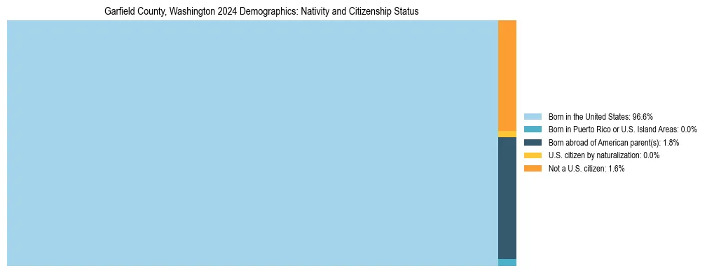 Treemap showing the population distribution by nativity and citizenship status in Garfield County, Washington based on U.S. Census data.