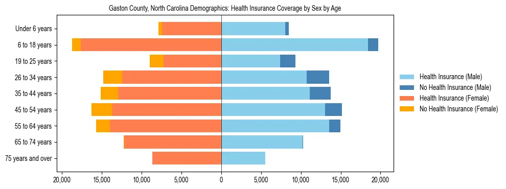 Pyramid chart showing health insurance coverage by age and sex in Gaston County, North Carolina.