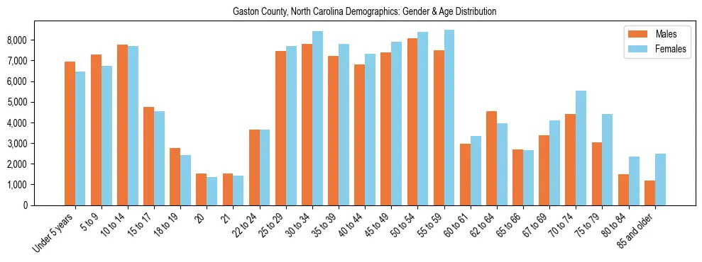Bar chart showing the population distribution of Gaston County, North Carolina by age group and gender, based on 2023 ACS data.