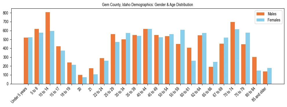 Bar chart showing the population distribution of Gem County, Idaho by age group and gender, based on 2023 ACS data.