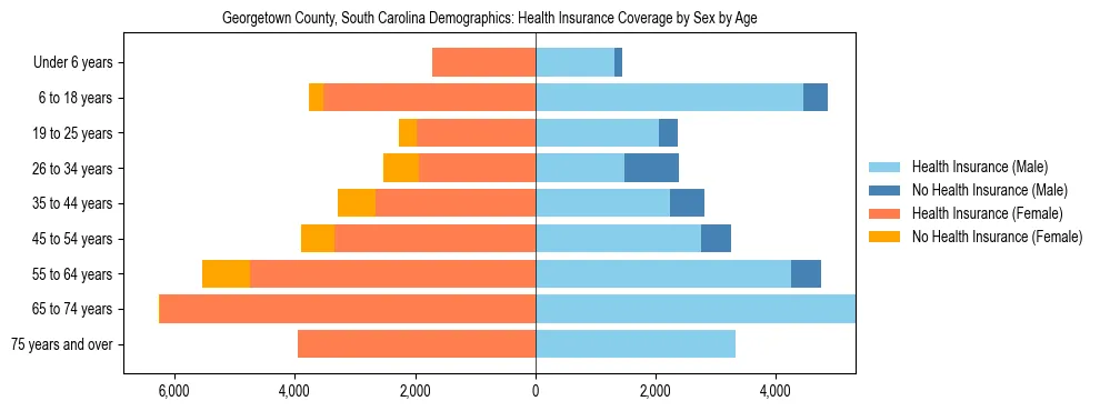 Pyramid chart showing health insurance coverage by age and sex in Georgetown County, South Carolina.