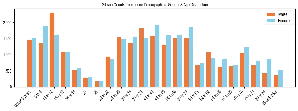 Bar chart showing the population distribution of Gibson County, Tennessee by age group and gender, based on 2023 ACS data.