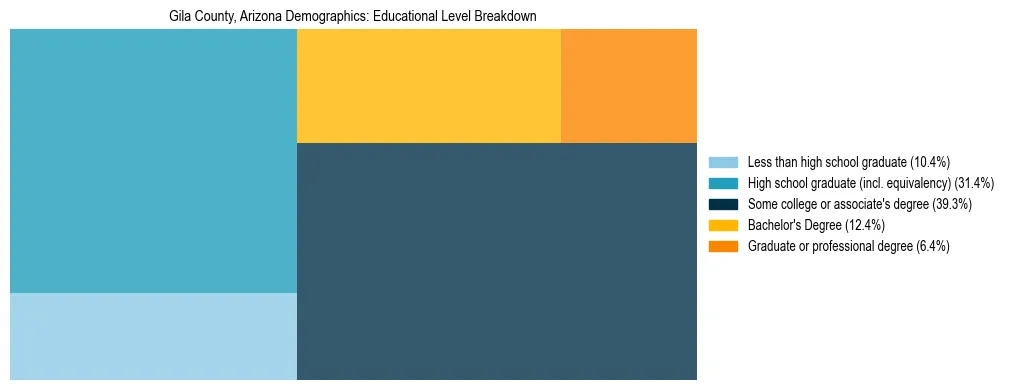 Treemap chart illustrating the educational attainment breakdown for population 25 years and over in Gila County, Arizona.