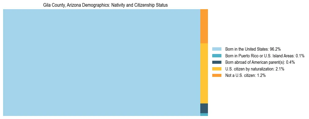 Treemap showing the population distribution by nativity and citizenship status in Gila County, Arizona based on U.S. Census data.