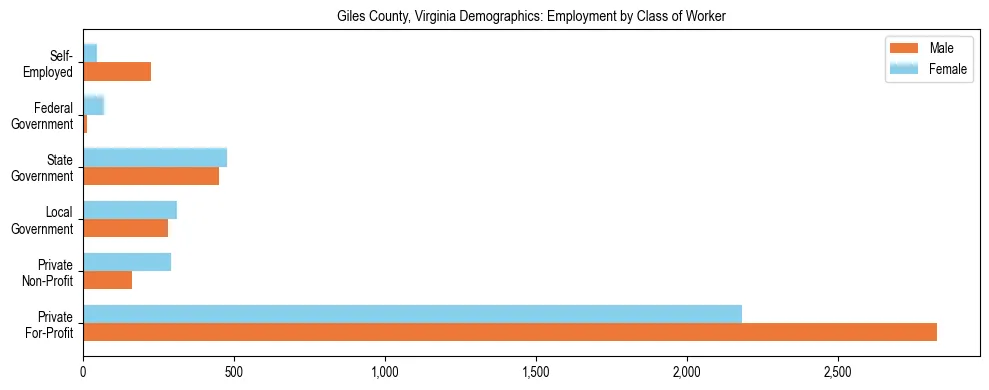 Horizontal bar chart showing employment distribution by class of worker and gender in Giles County, Virginia, based on 2023 ACS data.