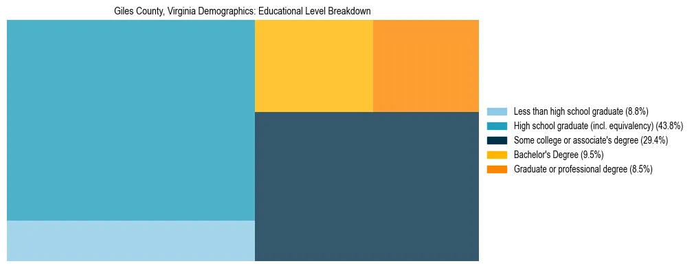 Treemap chart illustrating the educational attainment breakdown for population 25 years and over in Giles County, Virginia.