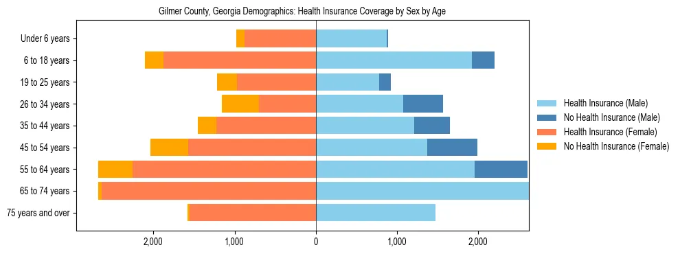 Pyramid chart showing health insurance coverage by age and sex in Gilmer County, Georgia.