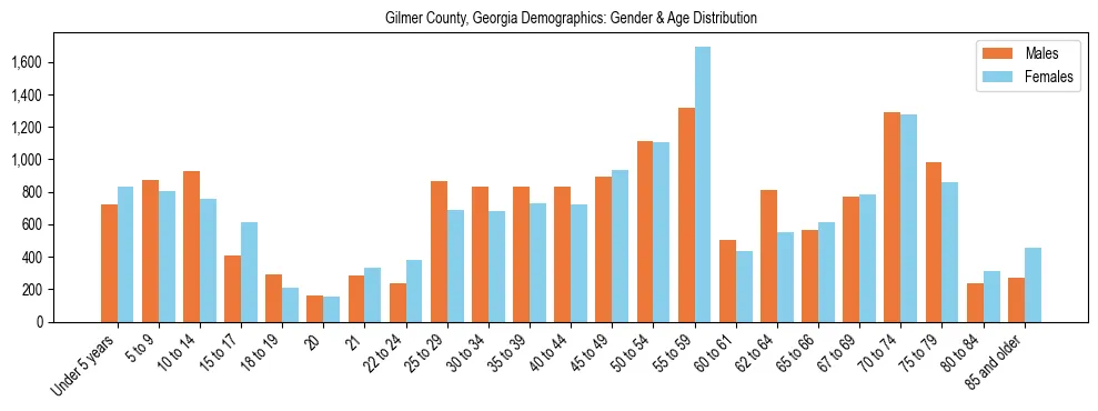 Bar chart showing the population distribution of Gilmer County, Georgia by age group and gender, based on 2023 ACS data.