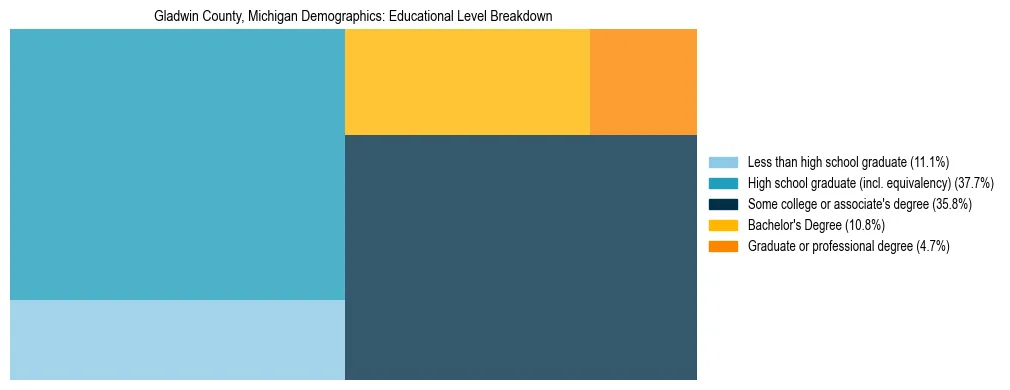 Treemap chart illustrating the educational attainment breakdown for population 25 years and over in Gladwin County, Michigan.