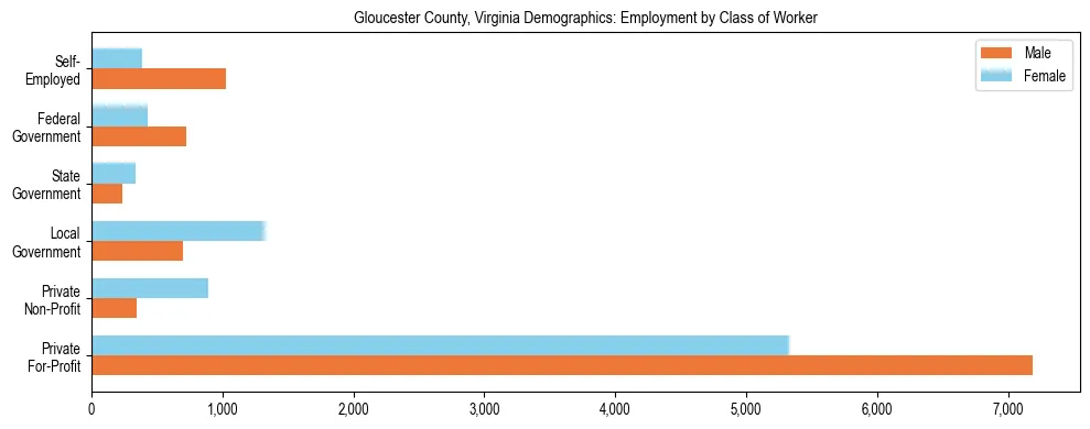 Horizontal bar chart showing employment distribution by class of worker and gender in Gloucester County, Virginia, based on 2023 ACS data.