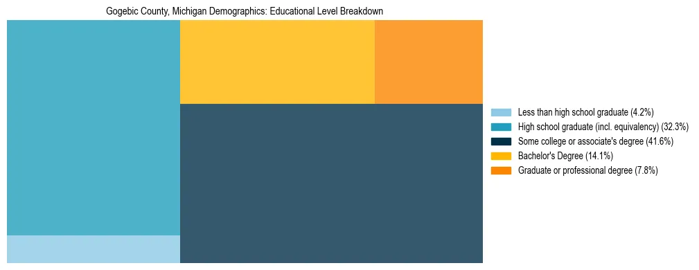 Treemap chart illustrating the educational attainment breakdown for population 25 years and over in Gogebic County, Michigan.