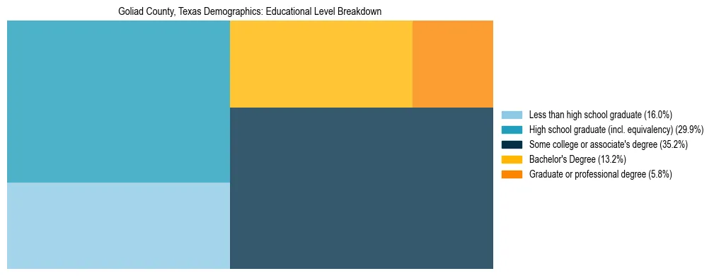 Treemap chart illustrating the educational attainment breakdown for population 25 years and over in Goliad County, Texas.