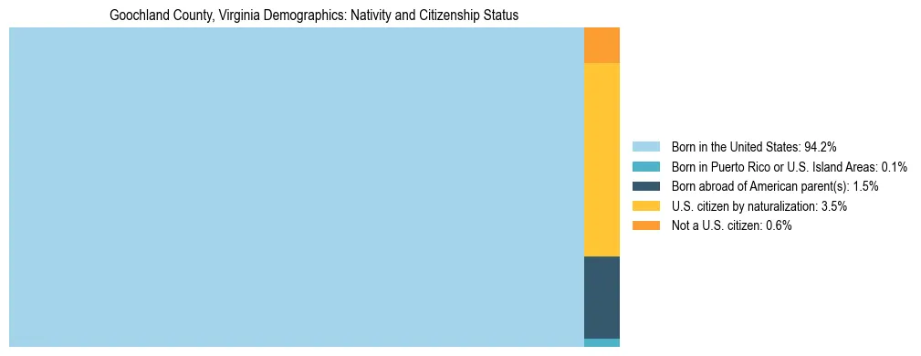 Treemap showing the population distribution by nativity and citizenship status in Goochland County, Virginia based on U.S. Census data.