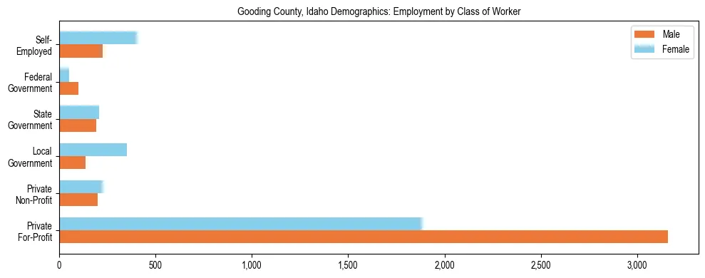 Horizontal bar chart showing employment distribution by class of worker and gender in Gooding County, Idaho, based on 2023 ACS data.