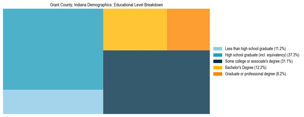 Treemap chart illustrating the educational attainment breakdown for population 25 years and over in Grant County, Indiana.
