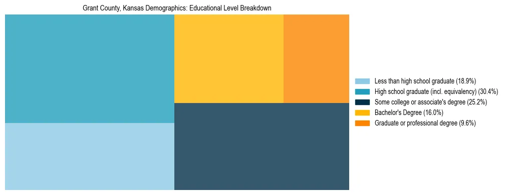 Treemap chart illustrating the educational attainment breakdown for population 25 years and over in Grant County, Kansas.