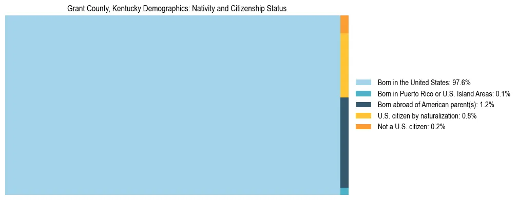 Treemap showing the population distribution by nativity and citizenship status in Grant County, Kentucky based on U.S. Census data.