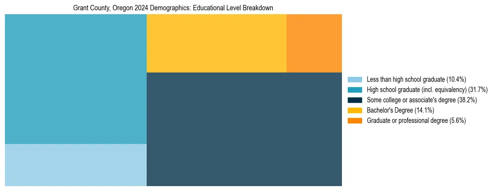 Treemap chart illustrating the educational attainment breakdown for population 25 years and over in Grant County, Oregon.