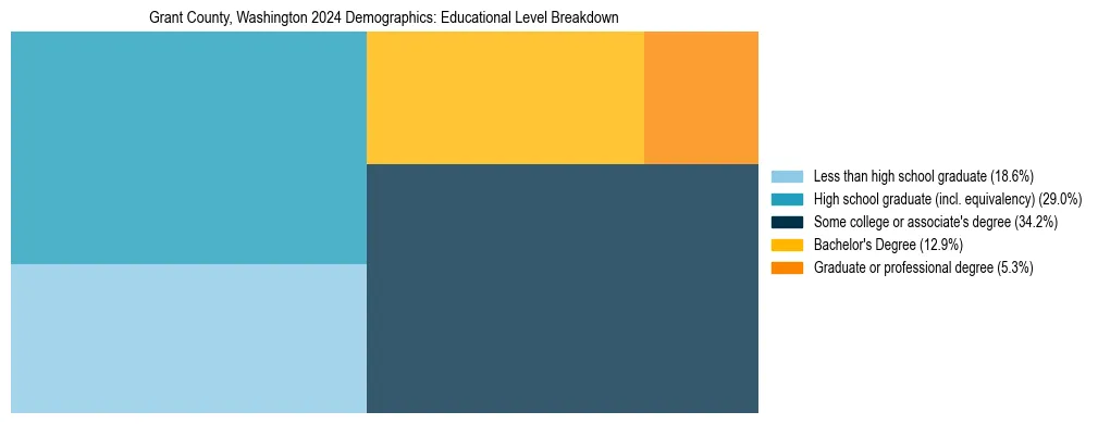 Treemap chart illustrating the educational attainment breakdown for population 25 years and over in Grant County, Washington.