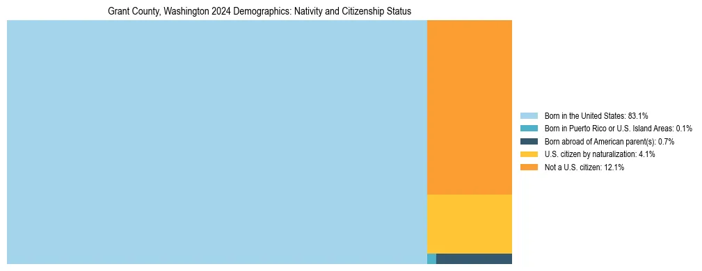 Treemap showing the population distribution by nativity and citizenship status in Grant County, Washington based on U.S. Census data.