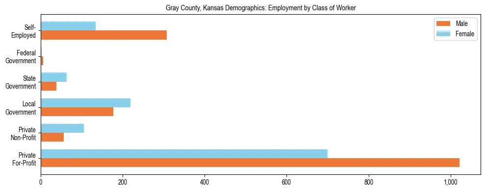 Horizontal bar chart showing employment distribution by class of worker and gender in Gray County, Kansas, based on 2023 ACS data.