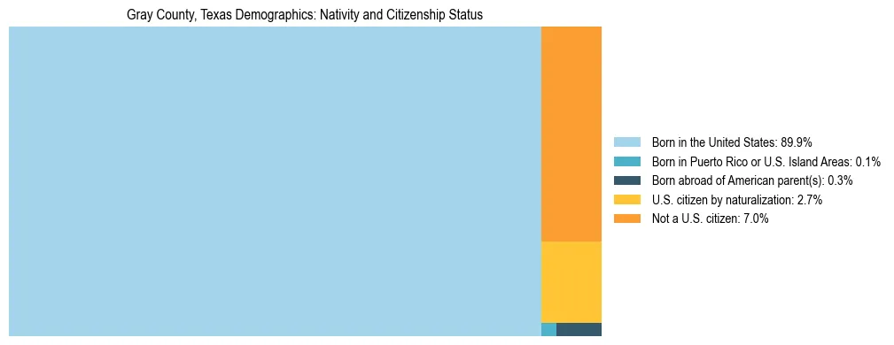 Treemap showing the population distribution by nativity and citizenship status in Gray County, Texas based on U.S. Census data.