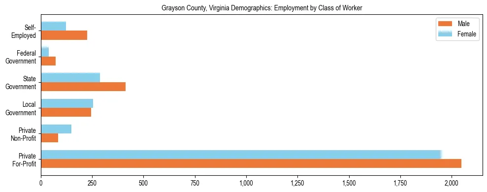 Horizontal bar chart showing employment distribution by class of worker and gender in Grayson County, Virginia, based on 2023 ACS data.