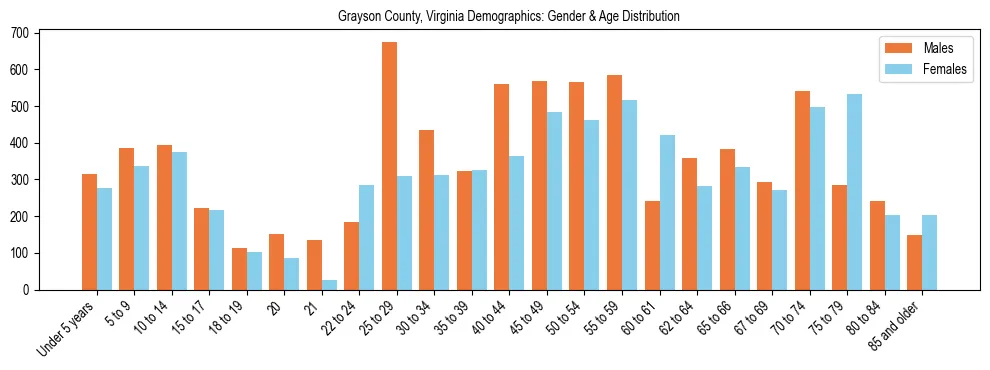 Bar chart showing the population distribution of Grayson County, Virginia by age group and gender, based on 2023 ACS data.