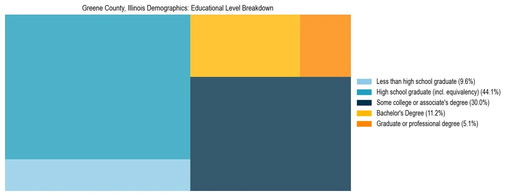 Treemap chart illustrating the educational attainment breakdown for population 25 years and over in Greene County, Illinois.