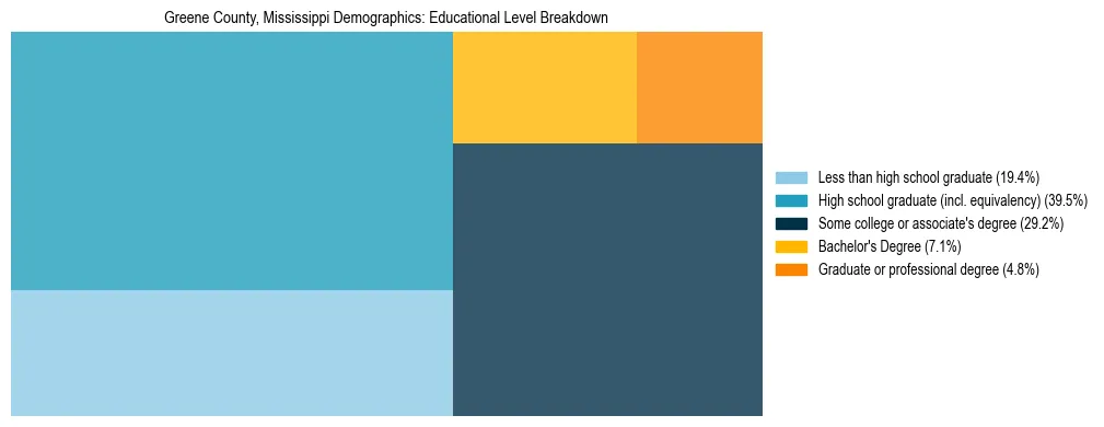 Treemap chart illustrating the educational attainment breakdown for population 25 years and over in Greene County, Mississippi.