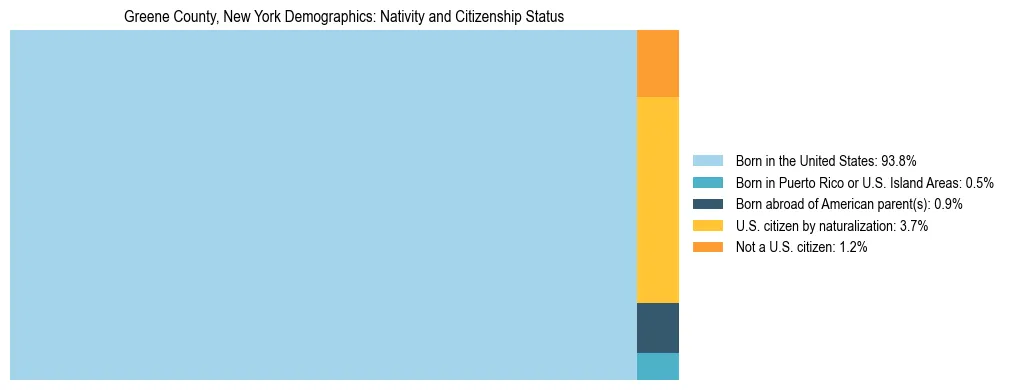 Treemap showing the population distribution by nativity and citizenship status in Greene County, New York based on U.S. Census data.