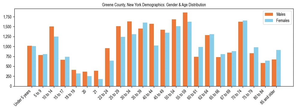 Bar chart showing the population distribution of Greene County, New York by age group and gender, based on 2023 ACS data.