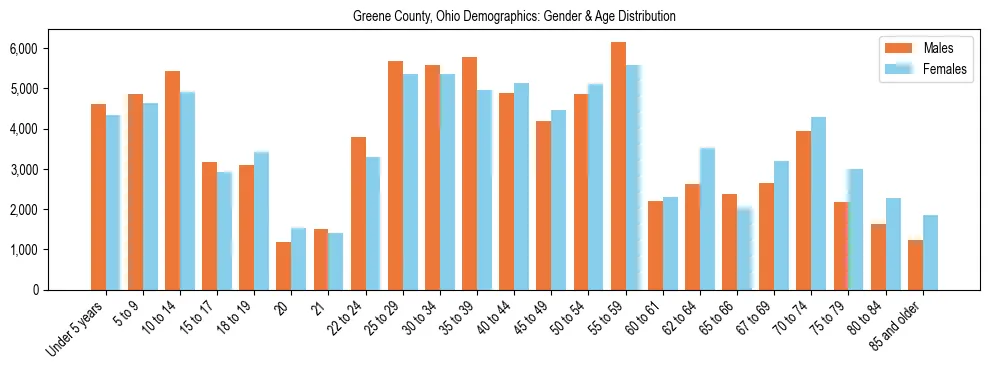 Bar chart showing the population distribution of Greene County, Ohio by age group and gender, based on 2023 ACS data.
