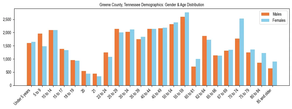 Bar chart showing the population distribution of Greene County, Tennessee by age group and gender, based on 2023 ACS data.