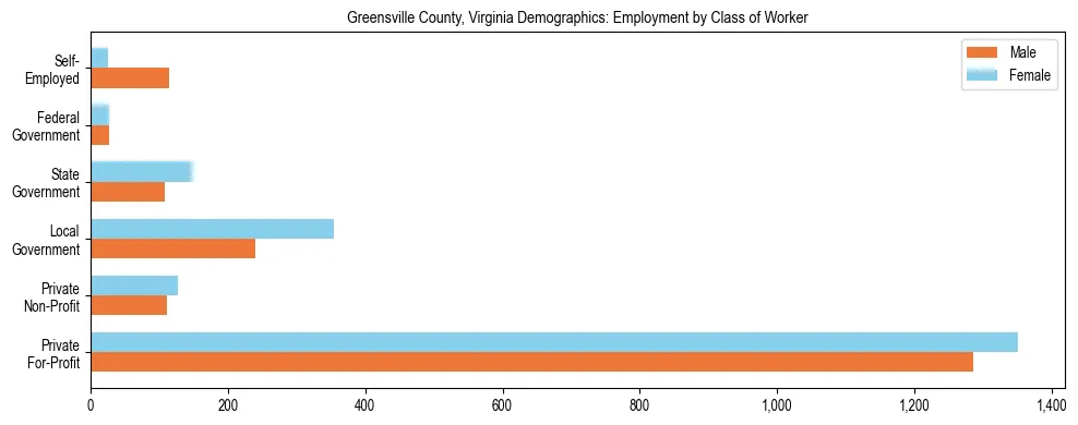 Horizontal bar chart showing employment distribution by class of worker and gender in Greensville County, Virginia, based on 2023 ACS data.