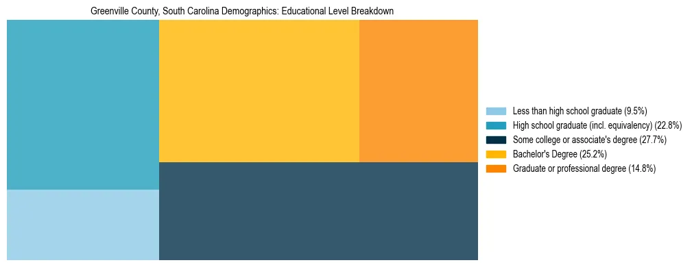 Treemap chart illustrating the educational attainment breakdown for population 25 years and over in Greenville County, South Carolina.