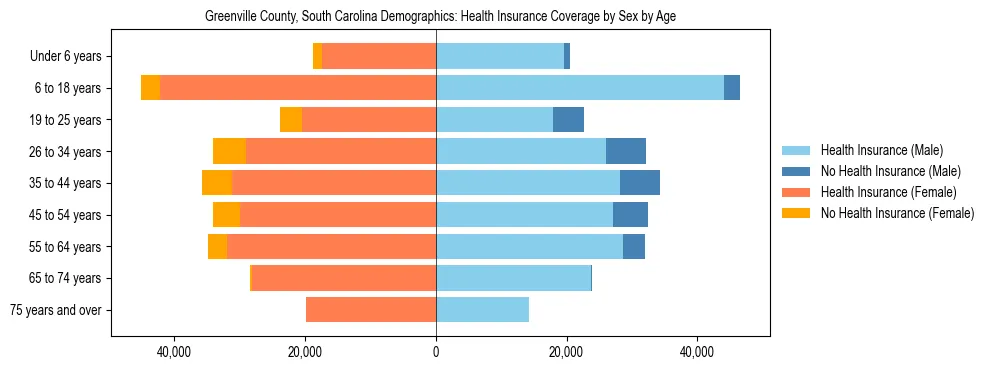 Pyramid chart showing health insurance coverage by age and sex in Greenville County, South Carolina.