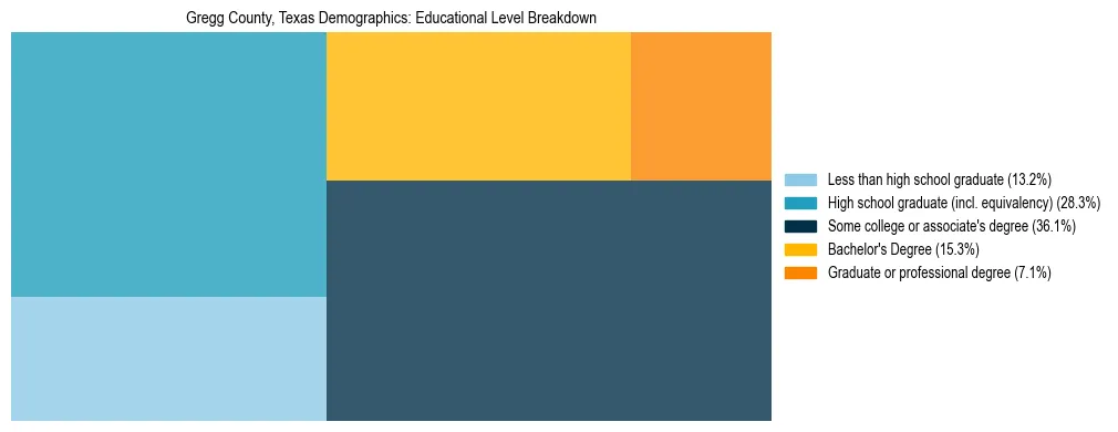 Treemap chart illustrating the educational attainment breakdown for population 25 years and over in Gregg County, Texas.