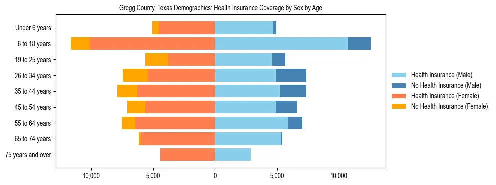 Pyramid chart showing health insurance coverage by age and sex in Gregg County, Texas.