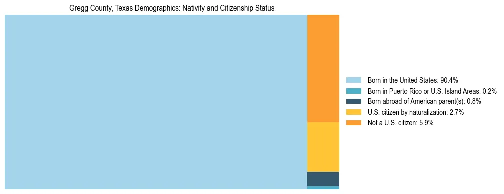 Treemap showing the population distribution by nativity and citizenship status in Gregg County, Texas based on U.S. Census data.