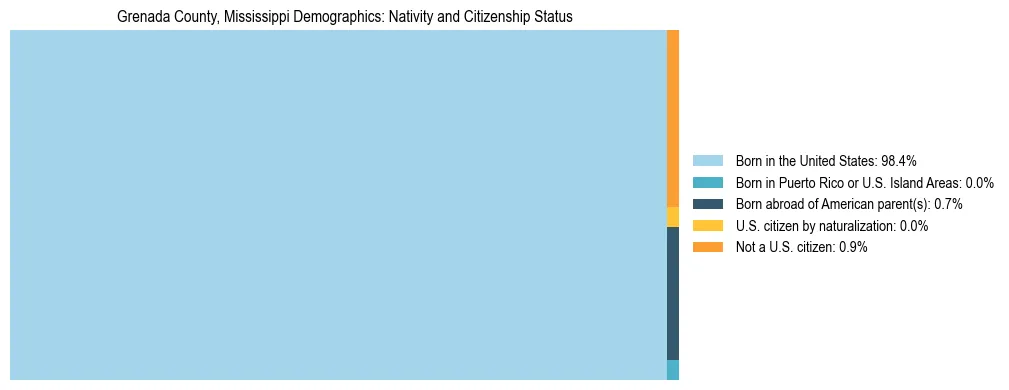 Treemap showing the population distribution by nativity and citizenship status in Grenada County, Mississippi based on U.S. Census data.