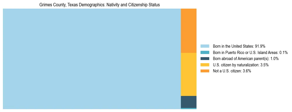 Treemap showing the population distribution by nativity and citizenship status in Grimes County, Texas based on U.S. Census data.