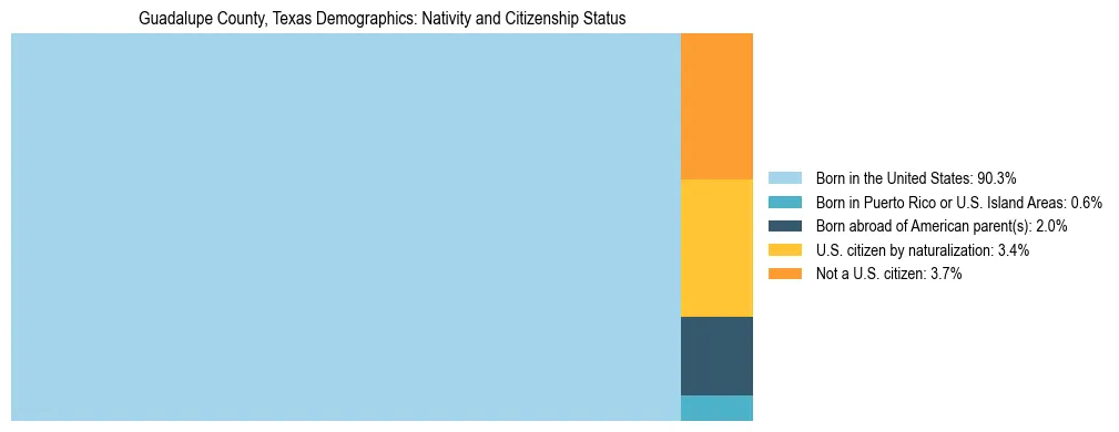 Treemap showing the population distribution by nativity and citizenship status in Guadalupe County, Texas based on U.S. Census data.