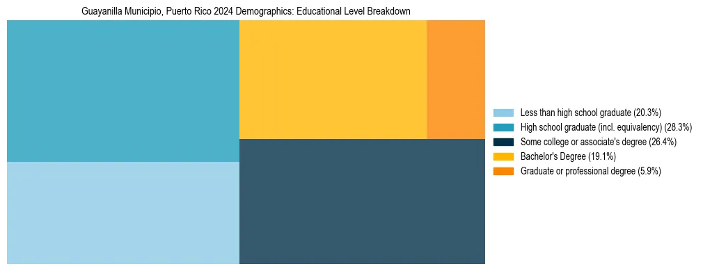 Treemap chart illustrating the educational attainment breakdown for population 25 years and over in Guayanilla Municipio, Puerto Rico.