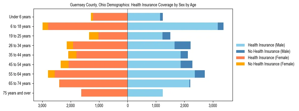 Pyramid chart showing health insurance coverage by age and sex in Guernsey County, Ohio.
