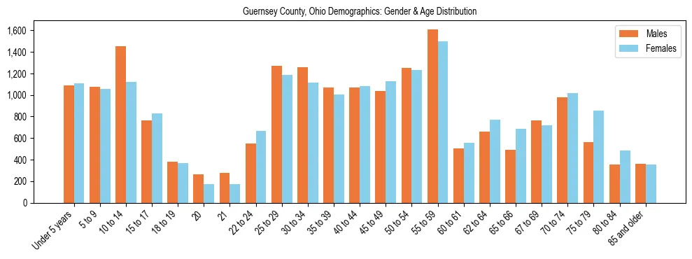 Bar chart showing the population distribution of Guernsey County, Ohio by age group and gender, based on 2023 ACS data.