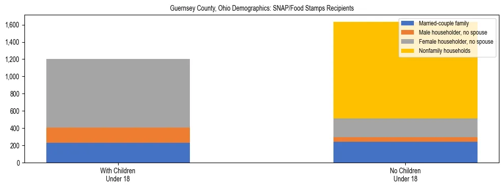 Stacked bar chart showing SNAP/Food Stamps recipient household composition by presence of children under 18 in Guernsey County, Ohio, based on 2023 ACS data.