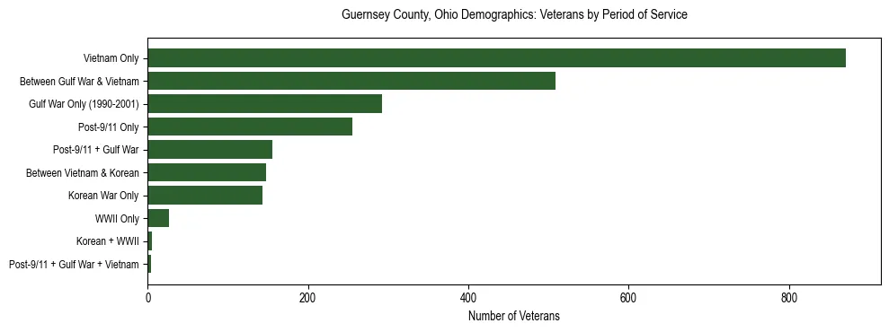 Horizontal bar chart showing veteran distribution by period of military service in Guernsey County, Ohio, based on 2023 ACS data.
